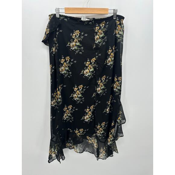 Luna Skies Midi Skirt Women XL Black Floral Ruffle Asymmetrical 90s Y2K Feminine - Picture 2 of 7